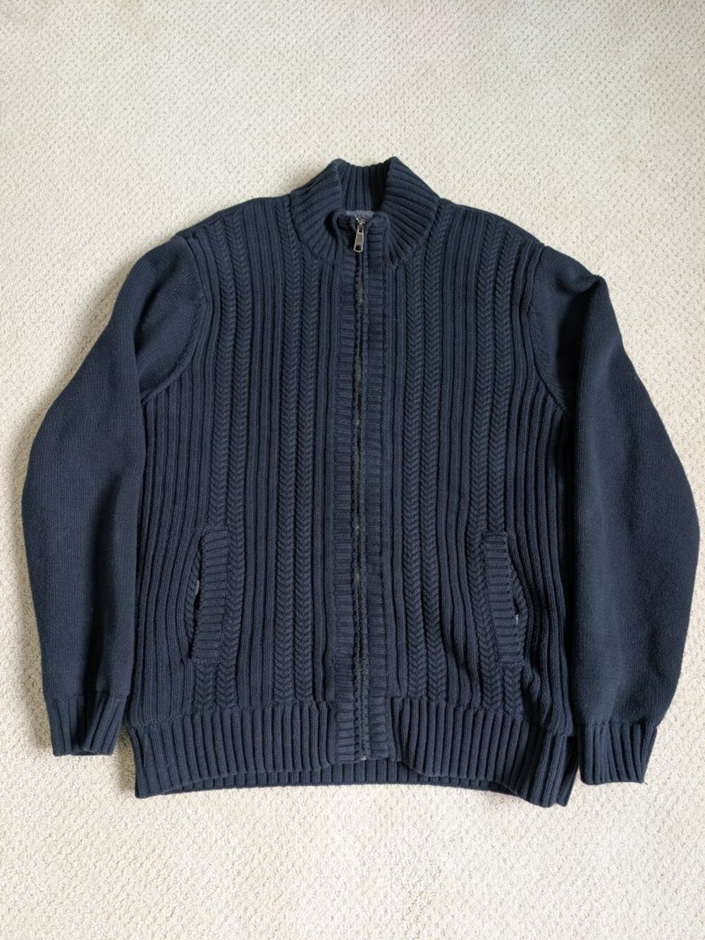 Emanuel Ungaro Cable Knit Full Zip Sweater Jacket Navy Fleece Lined Men's L